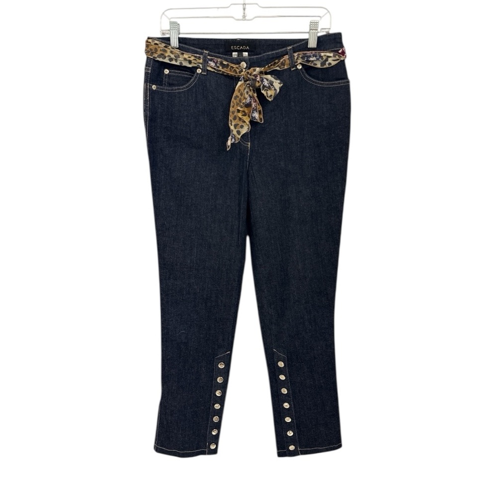 Escada Women’s dark-wash belted ankle jeans with bottom snaps Size EU 40